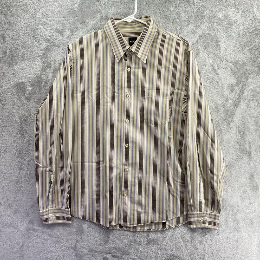 Hugo Boss Mens Dress Shirt Long Sleeve Beige/Brown & Tan Striped Large Free Ship